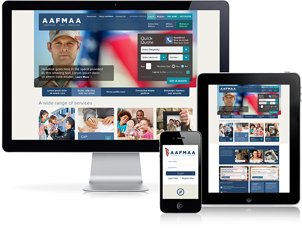 Preview of AAFMAA website on desktop, tablet and mobile